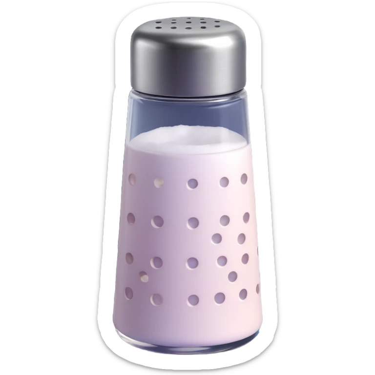 Add salt shaker holes to the top of the salt shaker. Keep everything else exactly the same, iOS emoji style, 3D, shiny, smooth gradients, soft shadows, realistic salt shaker shape, metallic lid, no face. Add a subtle highlight to the glass. sticker