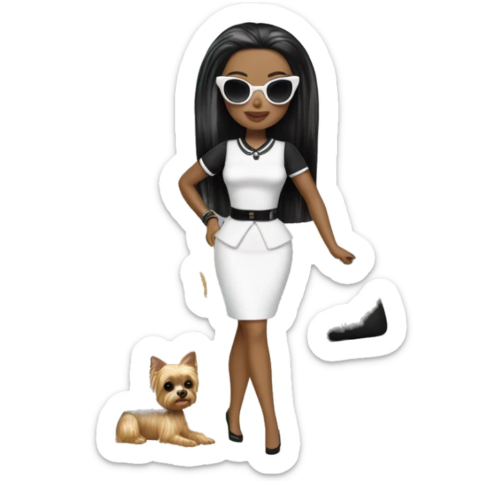 Palm beach Honey Barbie Wednesday Addams ,white face, full body visible, hair done,handbag, small 2 piece, sunglasses,heels,holding yorkie Miss Honey, sticker