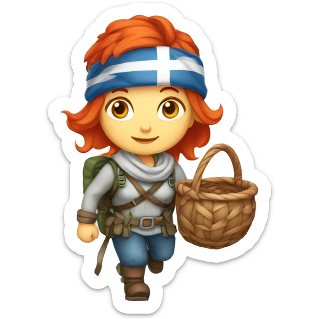 red hair female winter mountaineer climbing with Easter eggsbasket and Greek flag sticker