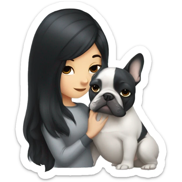 Girl with black long hair kissing grey French bulldog  sticker