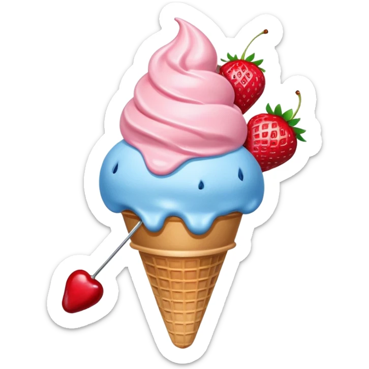 Waffle ice cream cone with one scoop of a blue ice cream and one scoop of a strawberry ice cream on top of the blue one with a single cherry still with stem in on top.  sticker