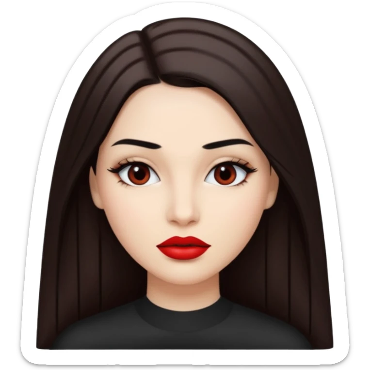 A woman emoji with fair skin, long straight dark brown hair parted in the middle, dark eyebrows, and red lipstick. sticker
