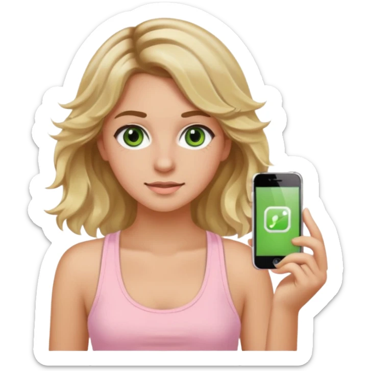 20-year-old girl with long wavy hair brown roots blonde highlights green eyes brown eyebrows good summer tan iPhone emoji style can you make her wear a light pink tank top sticker