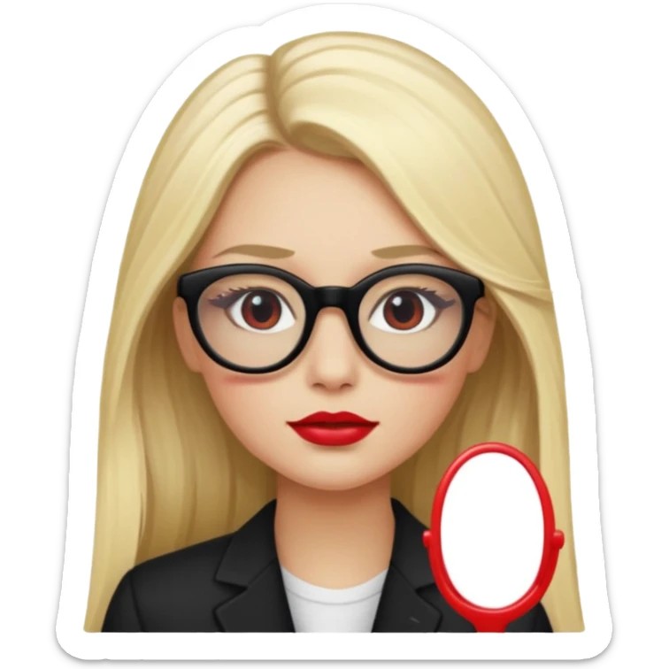 A blonde woman, long hair and long eye lashes, red blushes and little lipstick and highlighter, black glasses sticker