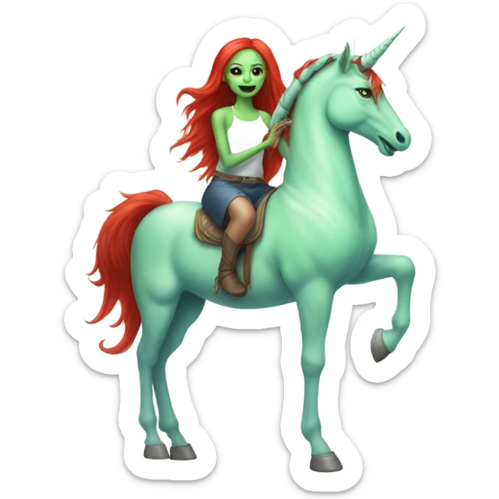 [politically incorrect
	{ woman: alien, color: light green, hair:red, eyes:cat} ]
	on a 
	[{ unicorn: white, legged:four, mane: light blue }] sticker