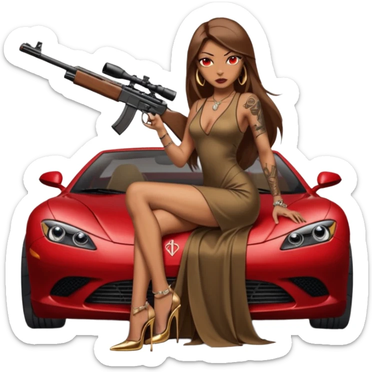 Lilith tan skinfemale red eyes symbol. Tattoo arms. Her hair is brown straight long hair.wearing sexy long  erotic dress with slit. black stiletto platform high heels shoes on. Sitting on gold giant luxury car with cash surrounding her. She is holding a sniper rifle in one hand cash in other hand sticker