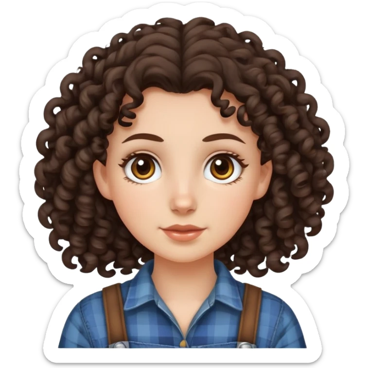white girl with very curly dark brown hair, brown eyes, wearing farm clothes sticker