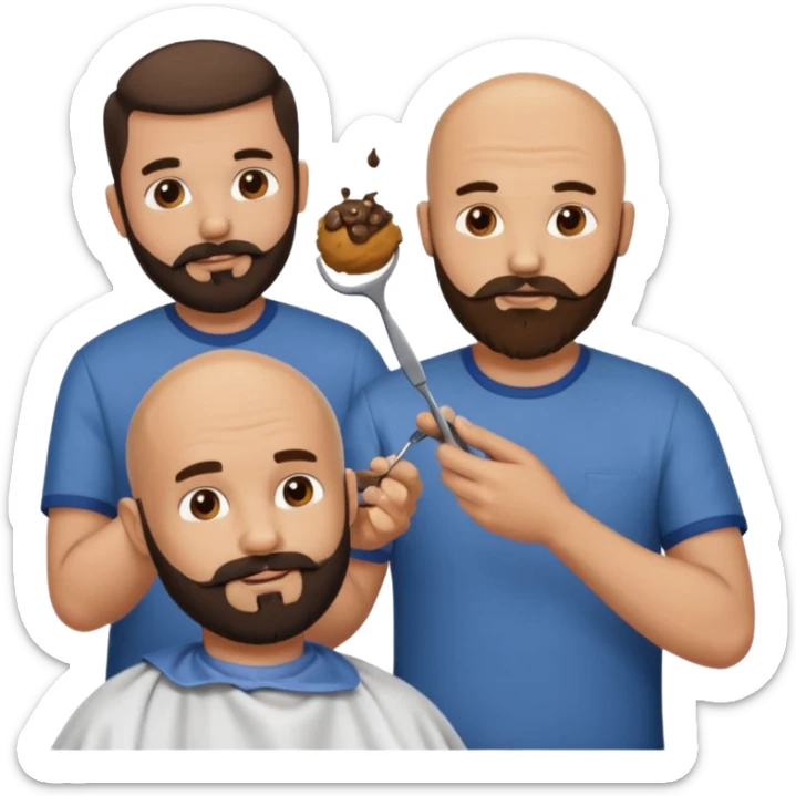 A bald man with a dark brown beard cutting someone’s hair at a barber shop and the other guy is eating a small poop ball in his hand sticker