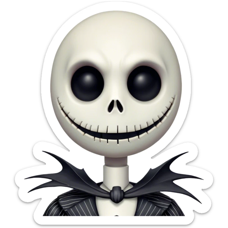 Close up view Cinematic 3D ultra realistic 32K HD image of Jack skellington, stunning detail as though captured in a timeless photograph, rich textures, visually rich, so lifelike that it feels like it could leap off the page at any moment sticker