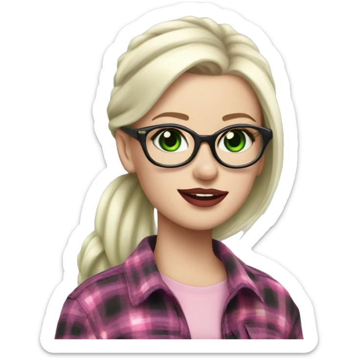 Pale white girl, platinum blonde hair in a pony tail, sinister, green glasses, pink lips, flannel top sticker