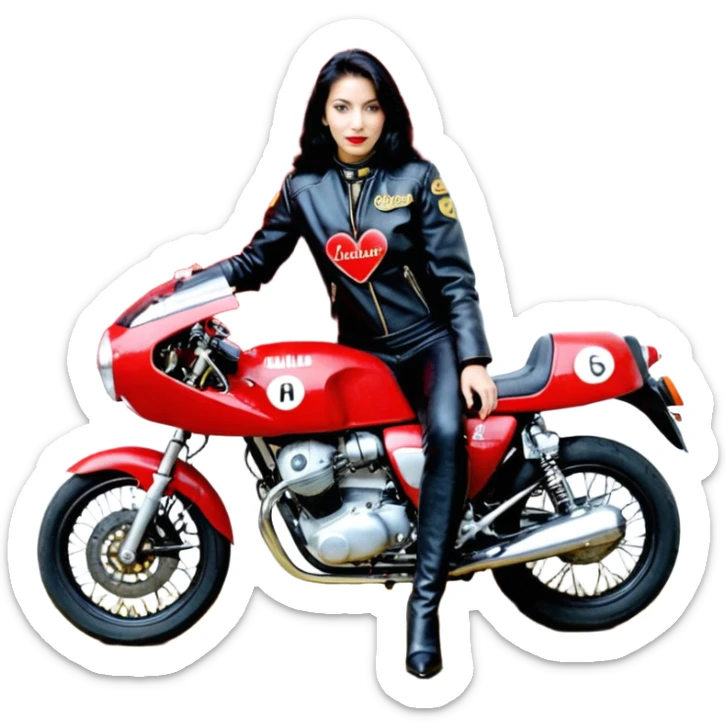 Crie um motoqueiro de jaqueta preta junto com uma mulher de jaqueta preta com um símbolo de um coração vermelho com chama vermelha e letras HL escrito em dourado dentro do coração vermelho, a mulher abraçado ao motoqueiro os dois de costas na moto Harley Davidson vermelha  sticker