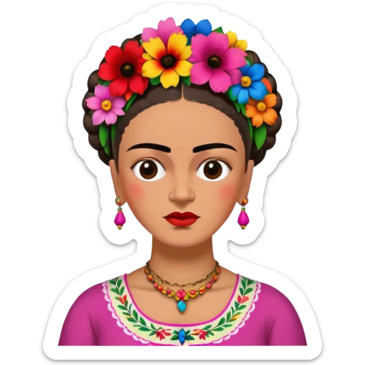 Frida kahle with prominent eyebrows and colorful clothes and flowers in her hair sticker
