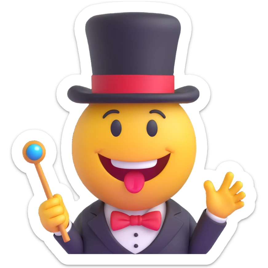 3D smiley emoji, round shape, magician with a top hat and magic wand, funny face, transparent background sticker