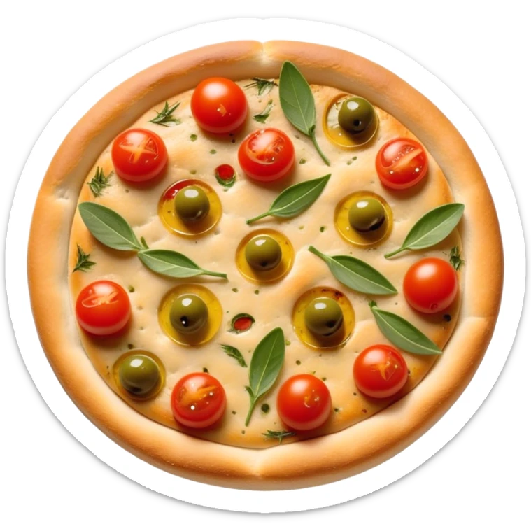 cinematic-realistic-focaccia-bread-dish-emoji,-depicted-as-a-golden,-olive-oil-brushed-flatbread-sprinkled-with-herbs-rendered-with-lifelike-texture-and-soft,-appetizing-lighting showing olives on top and the cherry tomatoes sticker