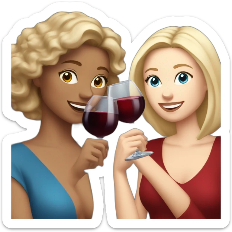 White woman with brown hair and brown eyes toasting with a red wine together with white woman with blond hair and blue eyes with red wine sticker