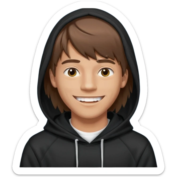 20 yr old man, brown hair, straight, big smile, white teeth, tanned skin, bangs, black hooded sweatshirt, long hair in back, center-parted bangs sticker