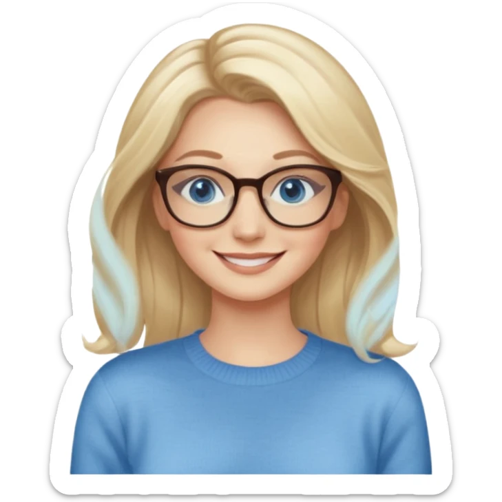 hyper realistic glamourous pale woman, Long blonde balayage hair, smiling, beige sweater, blue eyes and glasses sticker