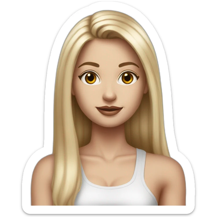 caucasian woman, with long straight hair, blonde hair, brown eyes, white tank top, gray tight mini skirt, black shoes, hyperrealist drawing sticker