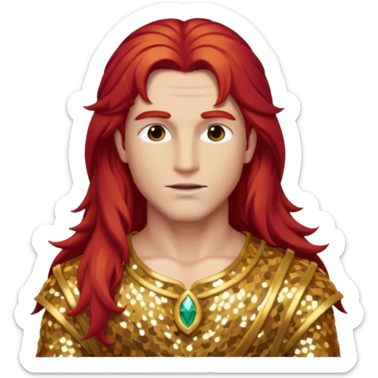 Adonis, God of Beauty from Gods and Goddesses with long red hair, gold sequin outfit sticker