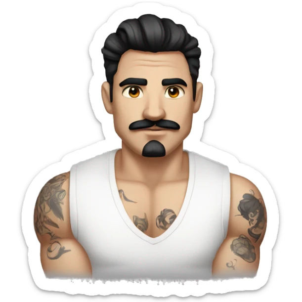 man with a white shirt and black hair, moustache, eyebrow scratch, ear ring and with an arm full of mini tattoos sticker