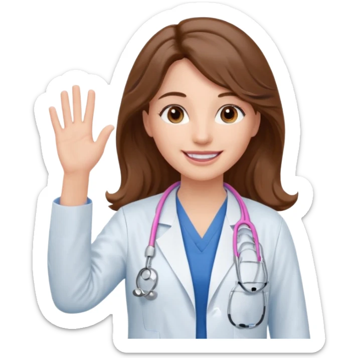 Barbie like emoji of a white woman with brown eyes and long wavy brown hair wearing blue scrubs, white lab coat, pink stethoscope, and raising one hand and a warm smile sticker