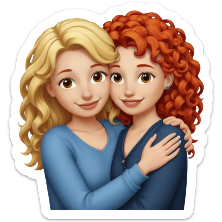 A woman with straight, blonde hair and a nose piercing and a woman with curly red hair and a nose piercing are hugging and smiling together. sticker