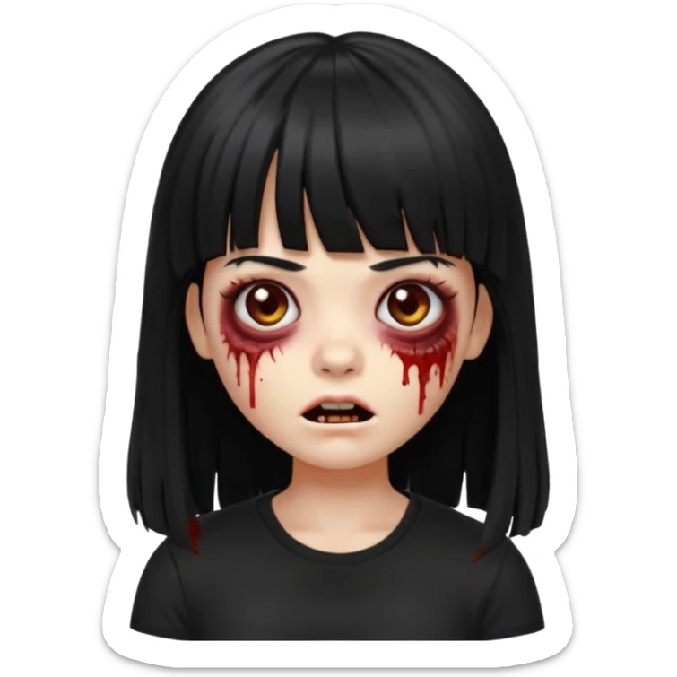 A zombie girl in Apple Memoji format with the longest, straight black hair with bangs, wearing a black shirt. sticker