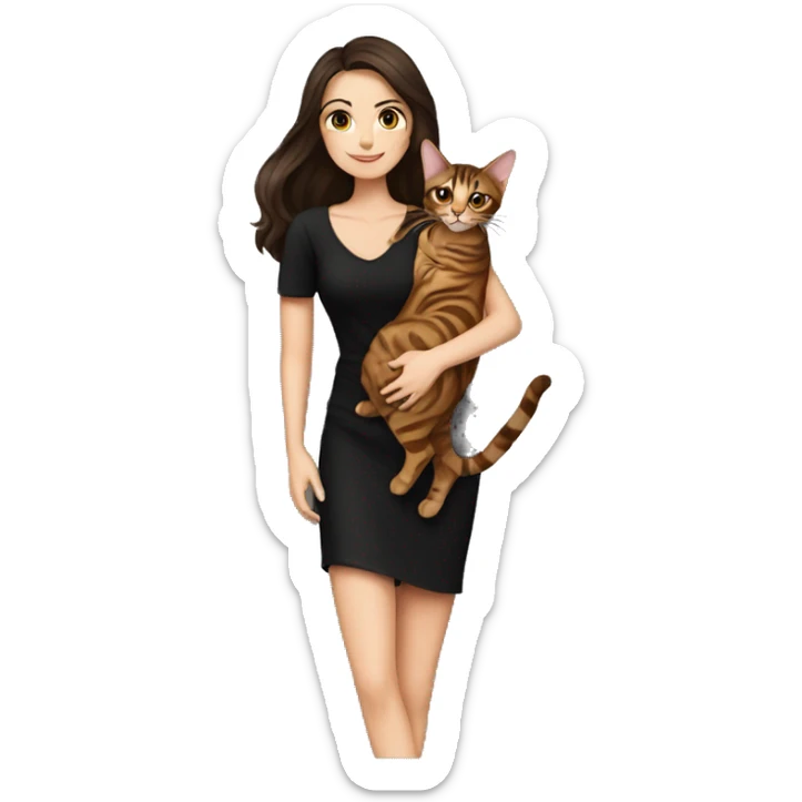 Beautiful skinny woman long dark brown hair in black dress hug bengal cat sticker