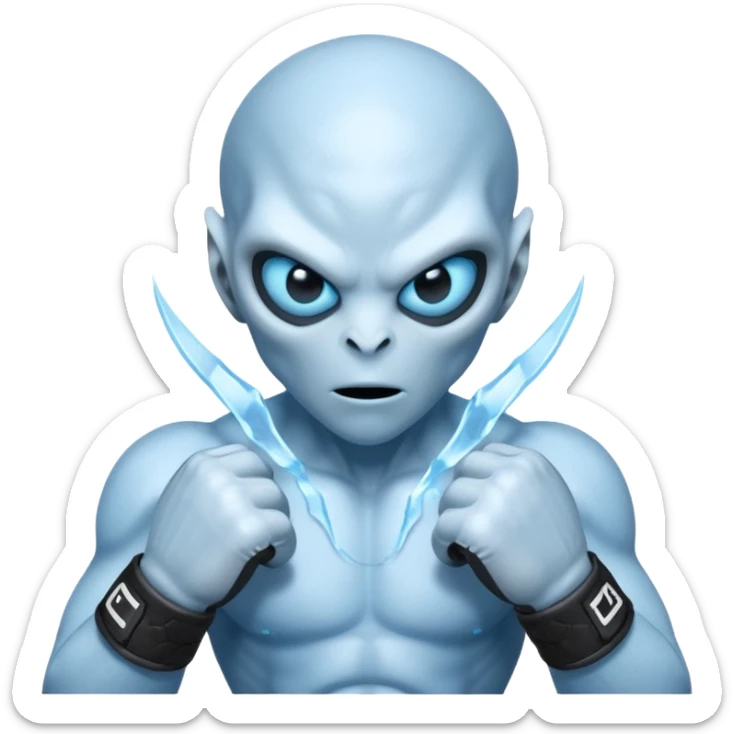 ice alien MMA fighter portrait, head and shoulders only, icy blue skin, frost aura, glowing cold eyes, combat gloves, 3D cartoon, mobile game icon style, clean background, no text, no watermark
 sticker