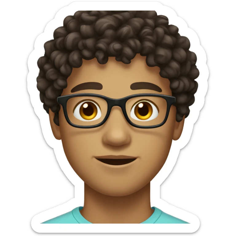 person teenager pale olive skin, dark brown curly hair, dark brown eyes, boy, man, glasses, freckles sticker