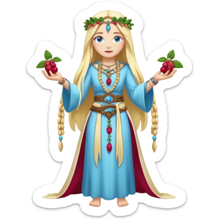 full body woman long blonde hair blue eyes white skin fruit priestess with berry belt and leaf jewelry sticker