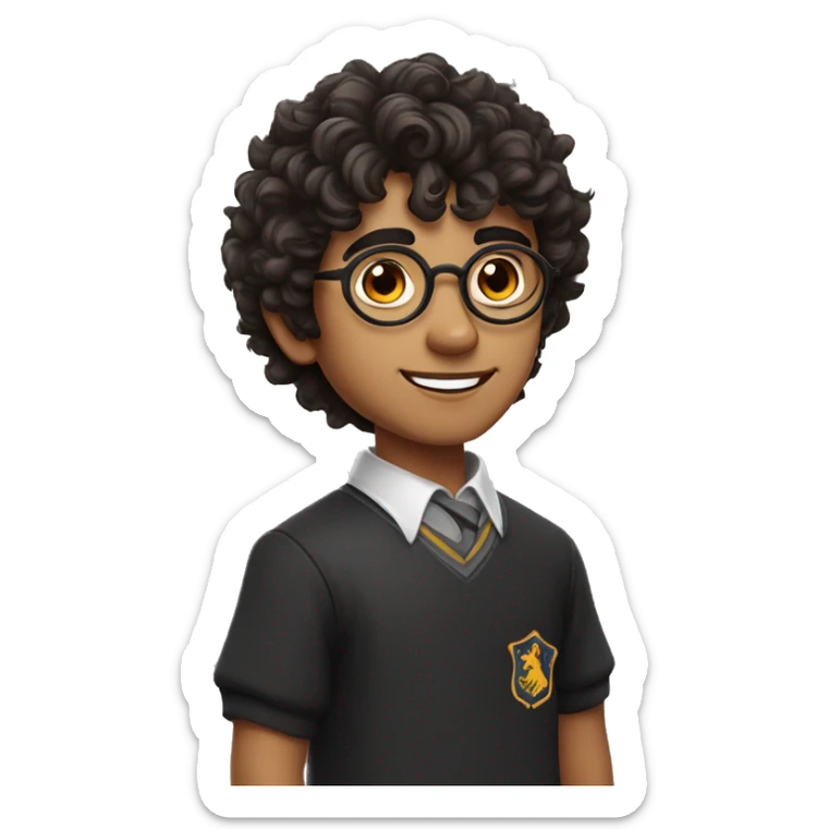 young handsome Indian boy with messy fringe curly hair  and fair white  skin with sharp jawline and small eyes with harry potter glasses on sticker