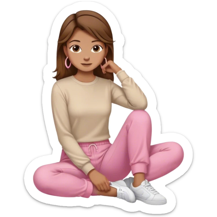 girls, brown hair, tan light brown skin, mid hoop earrings, cream long sleeve top, pink pants, sitting sticker