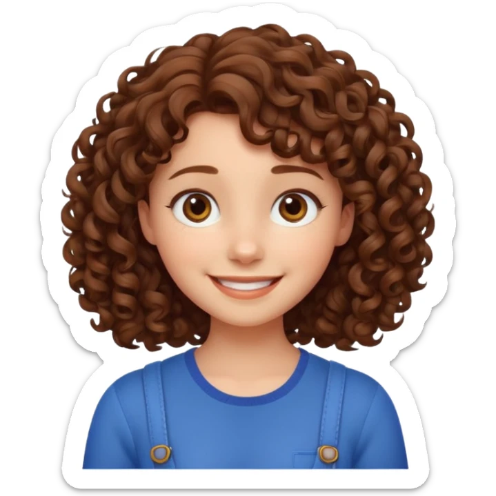 cute brown haired girl with curly hair and bright smile, make it pixar style sticker