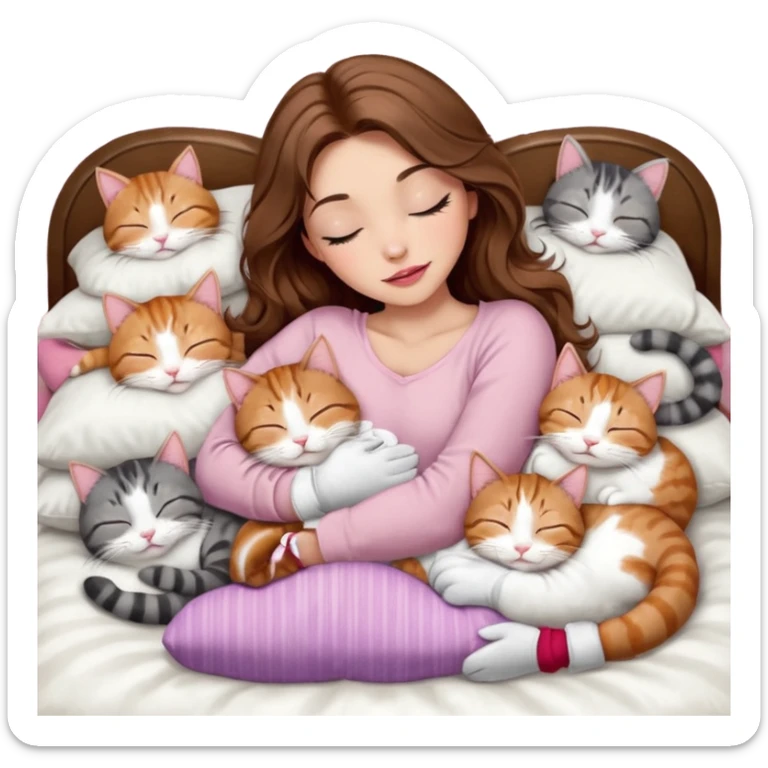 girl with long wavy brown hair, brown eyes, long lashes makeup, sexy pink lips, light to medium complexion,  sleeping on a cozy pillow, with 6 cats: 1 brown and white tabby cat, 1 ginger and white, 2 grey and white, 1 grey with white mittens and small white patch on chest and 1 calico, sleeping sticker