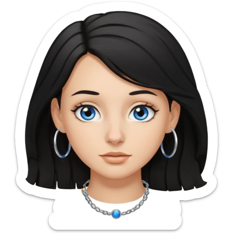 White Girl with black shoulder length hair slightly curly, has a tan, blue eyes, nose ring hoop sticker