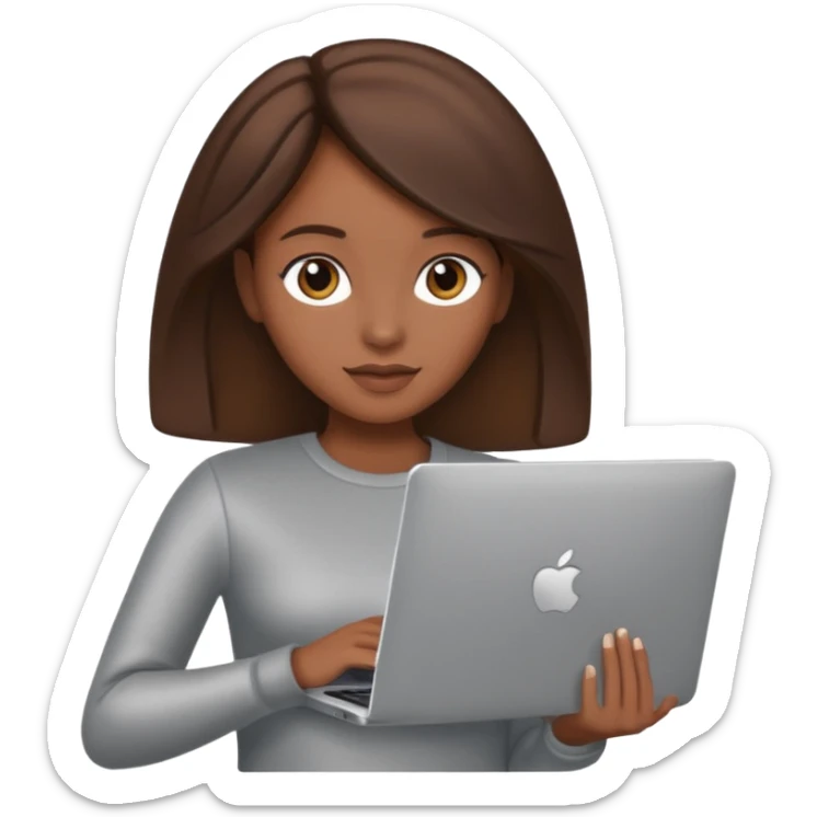 memoji of a brown hair female with a grey laptop in front, apple-style, modern sticker