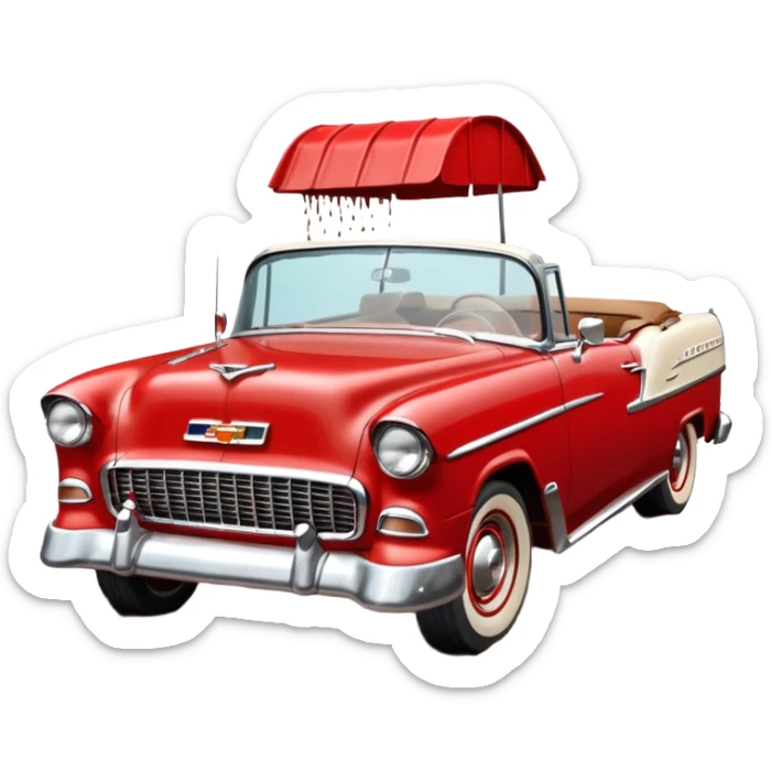 1955 Chevrolet Bel Air Convertible, Red-White color, with a bucket of brown mud pouring down on it, and the car itself is covered in brown mud on the sides that has stuck.32x32 pixels, aspect ratio: 1:1 sticker