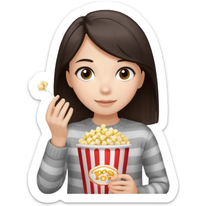 girl with dark brown straight hair, striped light sweater, gray eyes, holding popcorn in her hands sticker