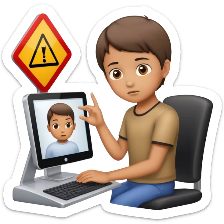 un niño trabajando con el ordenador, y en la pantalla un señal de advertencia sticker