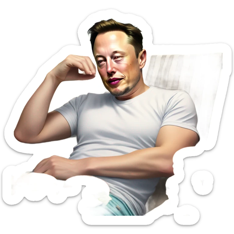 Photorealistic Elon Musk at the beach lounging by the pool suntanning with 40 half eaten hamburgers sticker