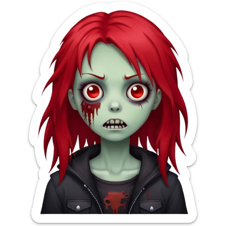 spooky zombie girl, red medium-long hair, emo and shaggy, creepy face sticker