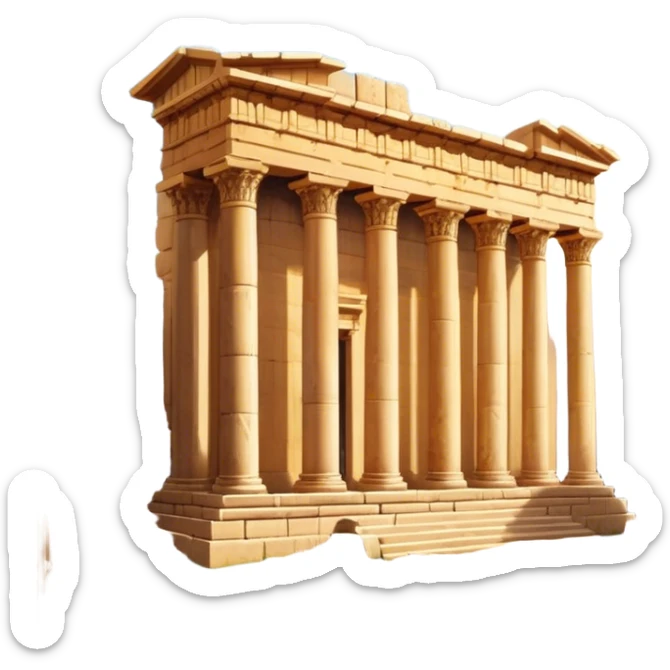 Baalbek temple – Cinematic Realistic Baalbek Temple, depicted as an ancient Roman temple complex with towering columns and intricately carved stone details, bathed in golden sunlight and dramatic shadows that evoke timeless historical grandeur. sticker