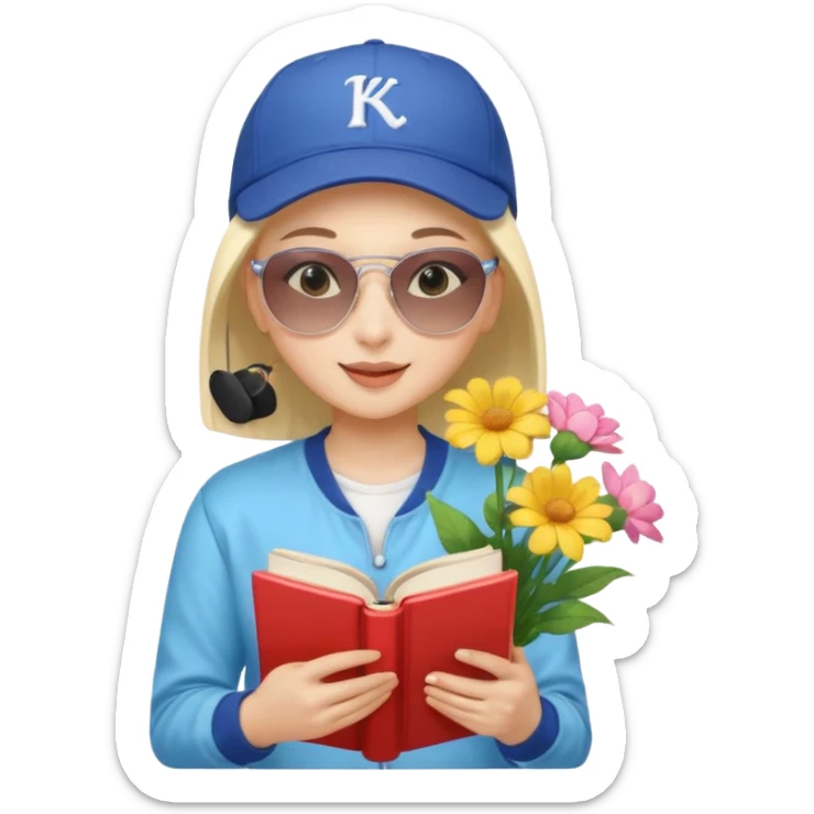 A happy girl with light skin, bald, wearing a baseball cap and sunglasses, dressed in K-pop fashion, is reading a book while holding a flower bouquet. sticker