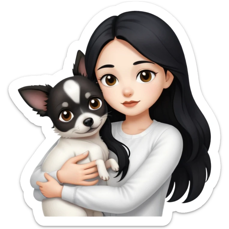 Fair skin girl - long black hair - white clothes - hugging a black chihuahua sticker