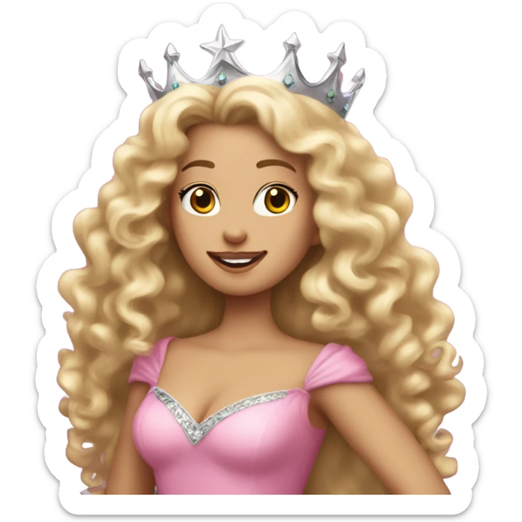 Woman with long blonde curly hair and a silver crown, waring a big pink gown and a magic wand that matches her crown sticker
