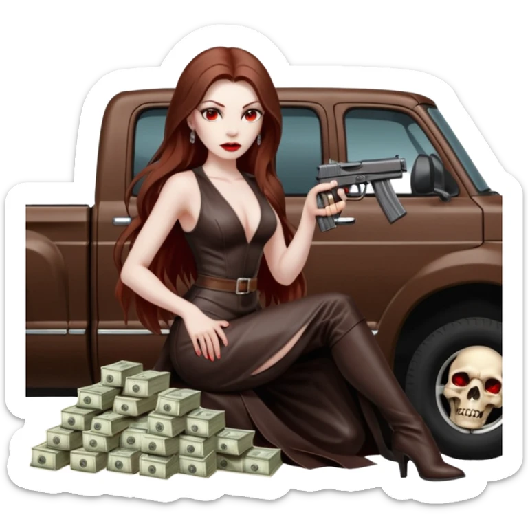 Lilith symbol red eye seductress evil long brown haired sexy succubus woman with leather long dress with slit on, sitting in Big Large F350 pickup truck. Back seat full of stacks of cash, she is  Holding a human skull of her enemies and a gun in other hand sticker