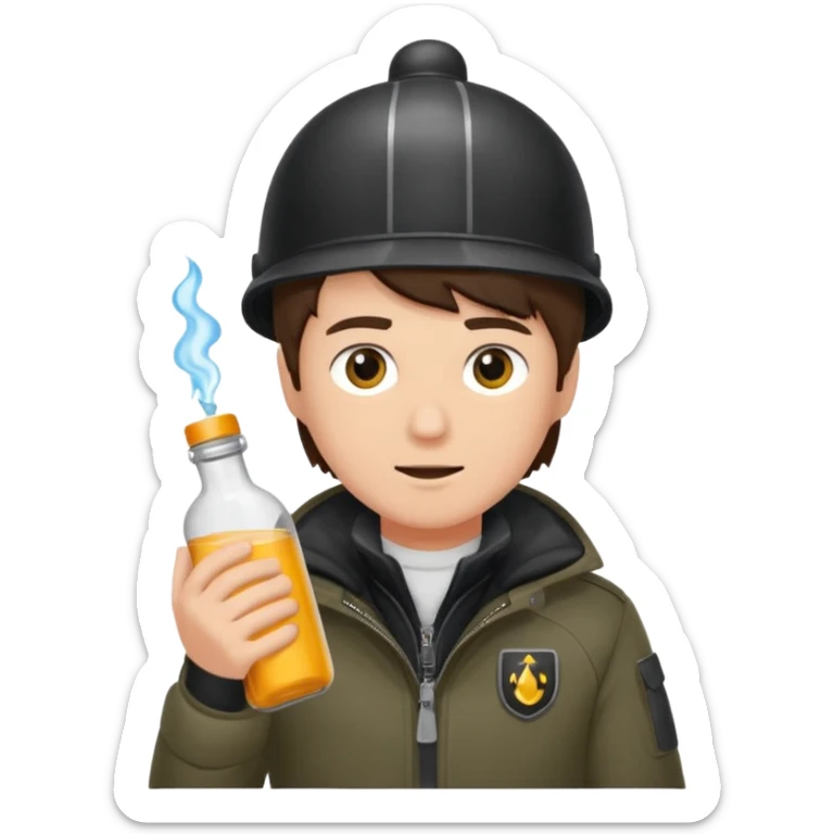 erstell ein bild Von eine jungen der braune augen hat eine sturmhaube trägt und eine Jacky flasche in der Hand hebt plus eine Jacke mit schwarzen fell sticker