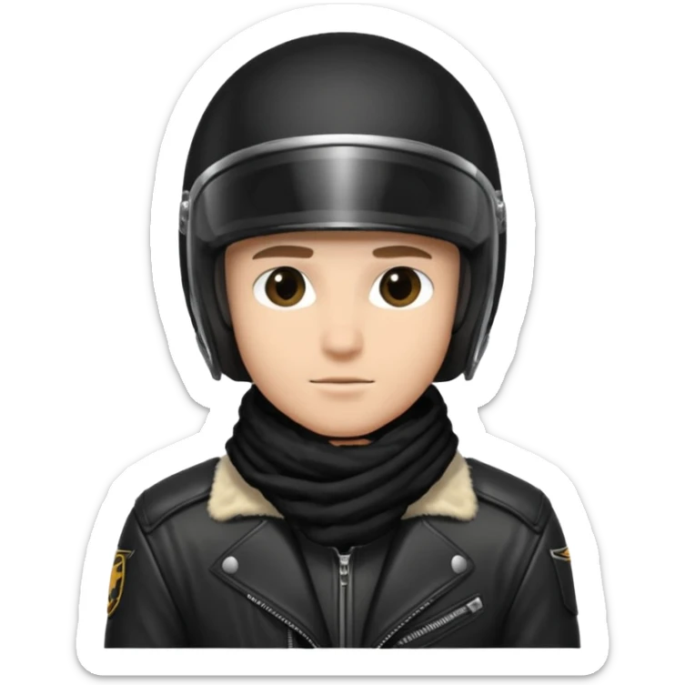 un homme avec un casque de moto totalement noir avec une écharpe en fourrure noir une chemise blanche et une jacket noir sticker