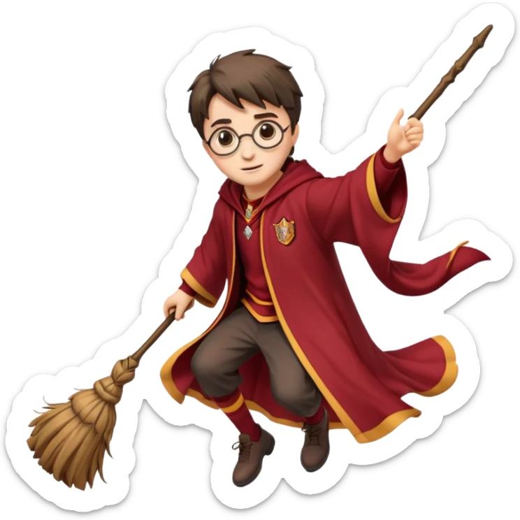 Cartoon-style illustration of Harry Potter flying on a broomstick, Gryffindor red and gold outfit, expressive face, dynamic motion, magical vibe, smooth shading, vibrant colors, no background, transparent background, isolated character. sticker
